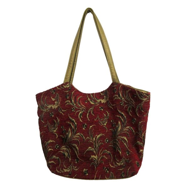 Womens Red Corduroy Tote Shoulder Bag Floral Gold Piping & Handles Flat Bottom - Picture 2 of 9